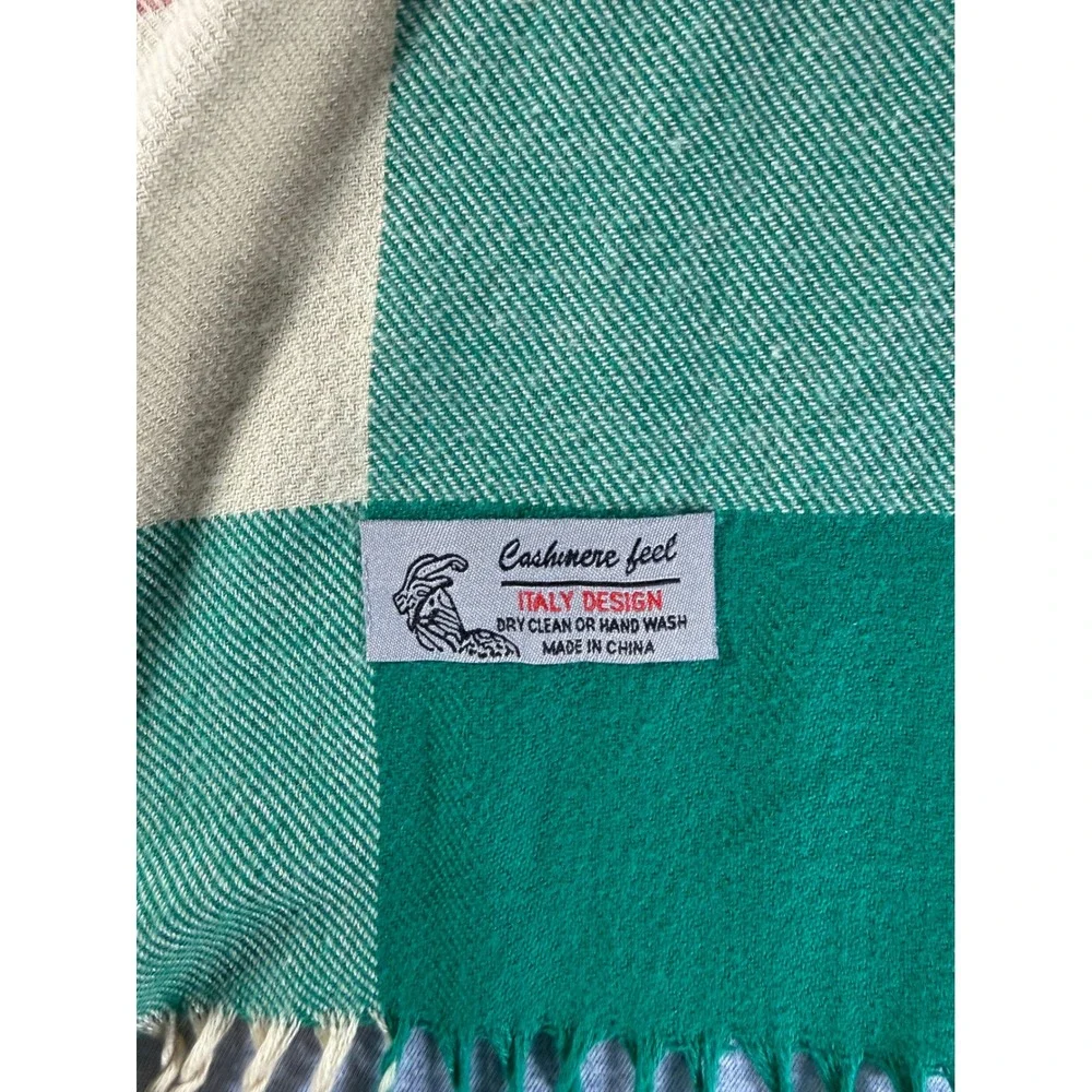 Italy Design Cashmere Feel Plaid Scarf Green Orange Check Fringed Wrap